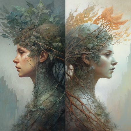 Fantasy portrait of a beautiful girl with a wreath of leavesの素材
