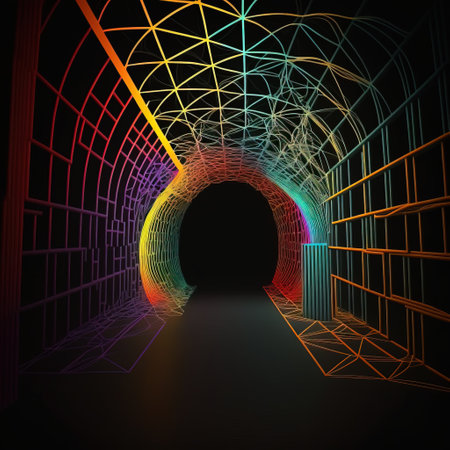 3d illustration of abstract tunnel with glowing wireframe and light effectsの素材