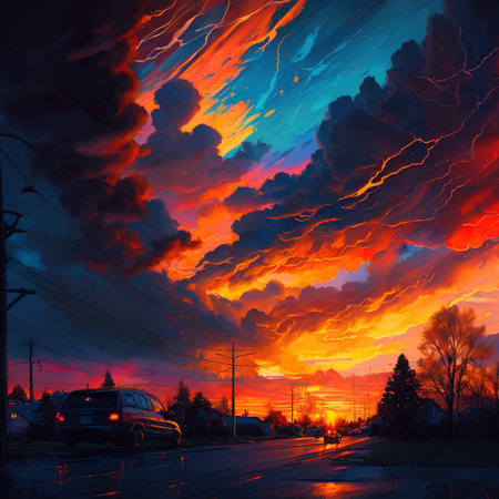 Colorful sunset over the street in the city. Dramatic sky.の素材