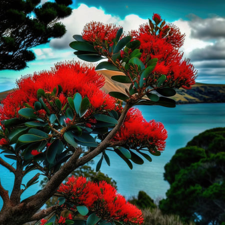 Red Callistemon flowers on the coast of Lake Wakatipu, Queenstown, New Zealandの素材