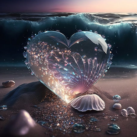3D illustration of a heart in the sea with waves and stonesの素材