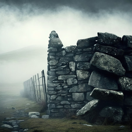 Mysterious stone wall in the foggy mountains, Scotland, UKの素材