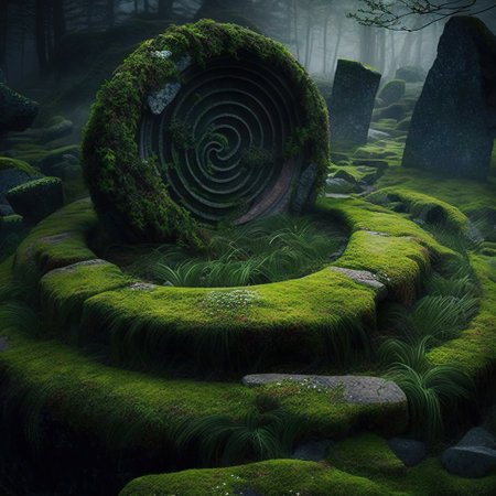 Mysterious dark forest with green moss and stone stairs. 3D renderingの素材