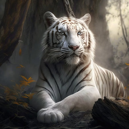 White tiger in the forest. Wildlife scene from nature. 3D rendering.の素材