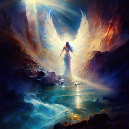 Fantasy scene with a beautiful woman in a white dress and angel wings.の素材