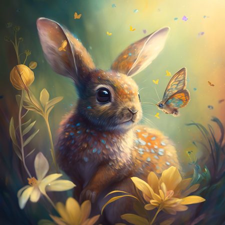 Easter bunny and butterfly. Digital painting. Spring nature background.の素材