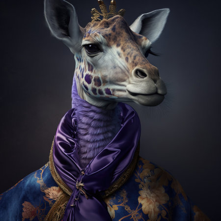 Portrait of a giraffe with a crown on his head.の素材
