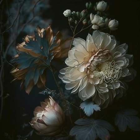 Beautiful white dahlia flowers in vintage style. Dark background.の素材