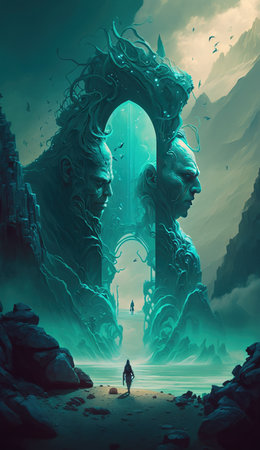 Fantasy landscape with a man standing in front of a door.の素材