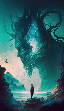 Fantasy illustration of a woman in front of a huge tree.の素材