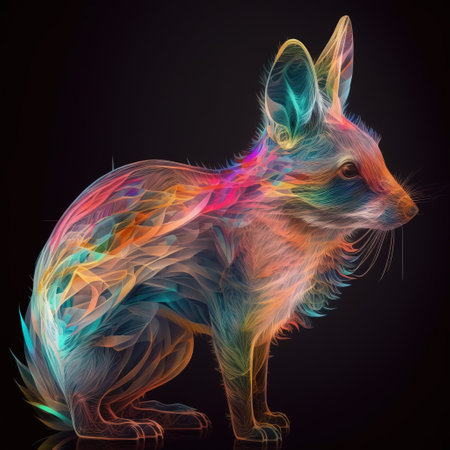3d rendering of a fox with multicolored feathers on a black backgroundの素材