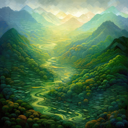 Landscape with river, mountains and forest. Digital art painting.の素材