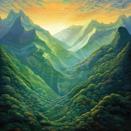 Mountain landscape with forest and sunset. Digital painting. 3D illustration.の素材