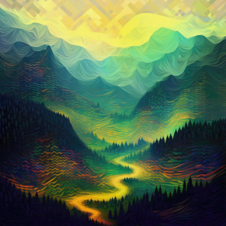 Mountain landscape with forest, river and sunset. Vector illustration.の素材