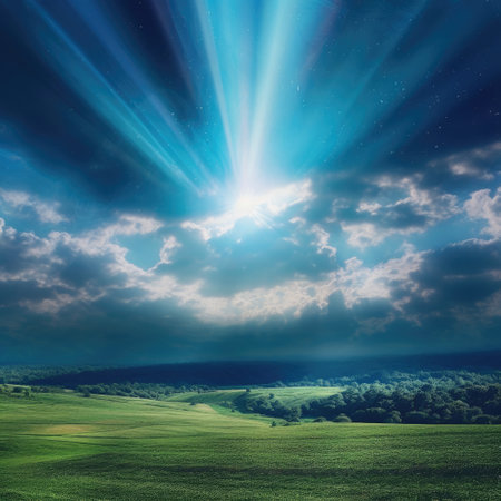 Fantasy landscape with green field and blue sky with sun rays.の素材