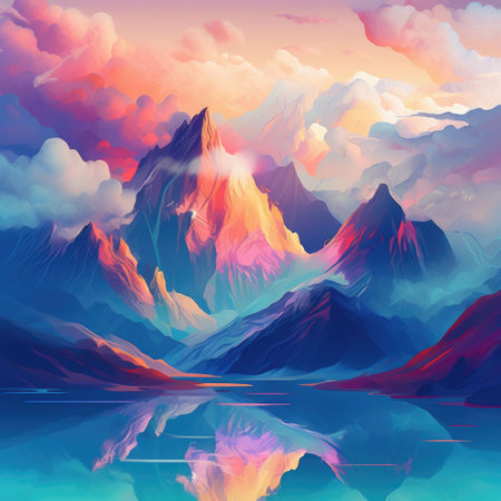 Mountain landscape with lake and sunset sky. Colorful vector illustration.の素材