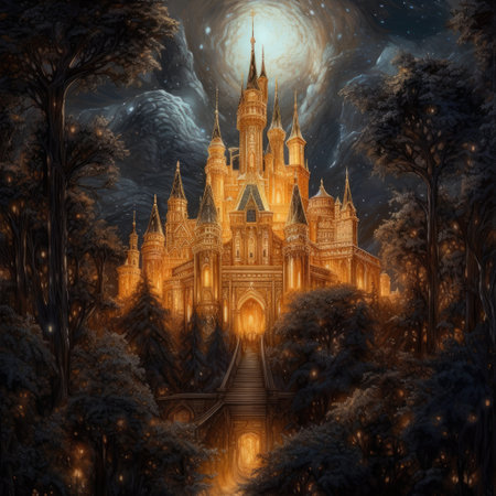 Magic fairy tale castle in the forest at night. Digital painting.の素材