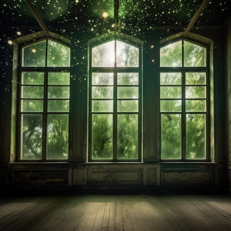 Window in the old house at night with green trees and stars.の素材