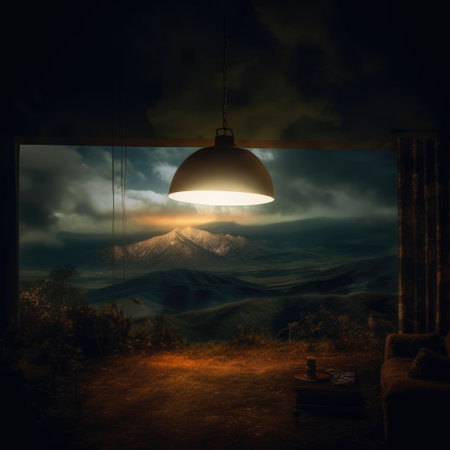 Lamp in the interior of a room with a view of the mountainsの素材