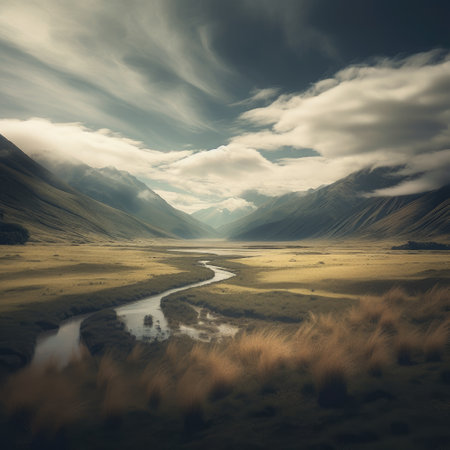 Beautiful mountain landscape with river and cloudy sky. Toned.の素材