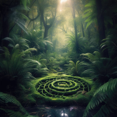 Fantasy forest with a pond in the middle and a labyrinth of fernsの素材