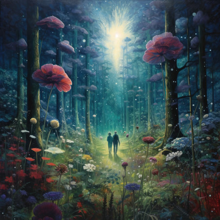 Digital painting of a man and woman walking in a fantasy forest.の素材