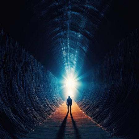 Conceptual image of a man in a dark tunnel with light at the endの素材