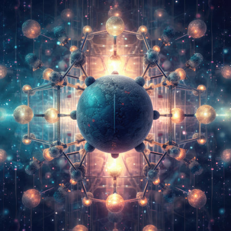 3d illustration of atom in abstract space background. 3d renderingの素材