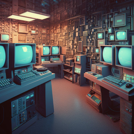 3D rendering of a technology room with a lot of monitors.の素材