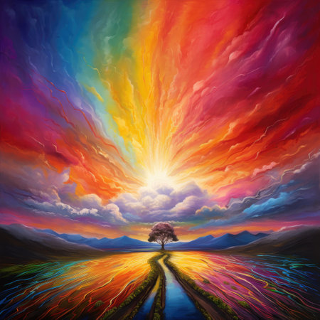 Lonely tree in the middle of the road and rainbow skyの素材