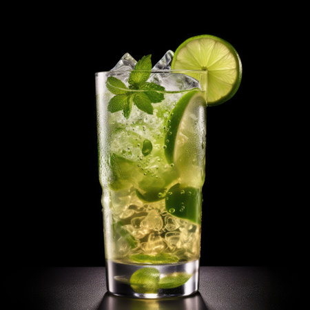 Mojito cocktail with lime and mint on a black background.の素材