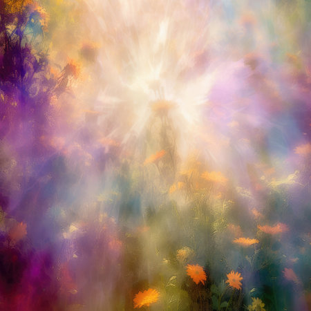 Colorful abstract background with flowers and rays of light. Digital painting.の素材