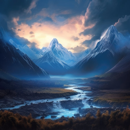 Beautiful mountain landscape with river and blue sky. 3d renderingの素材