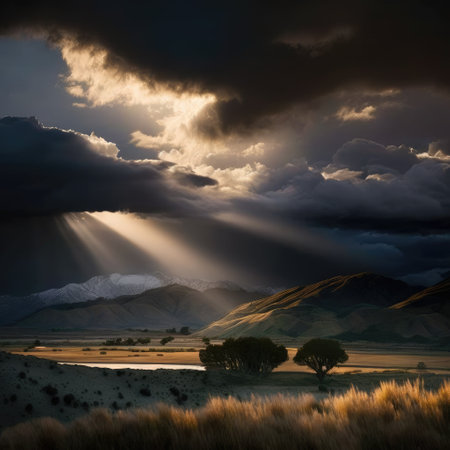 Sunset in the desert of New Zealand. Dramatic sky.の素材