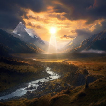 Fantasy landscape with mountain river and sunset. 3D illustration.の素材