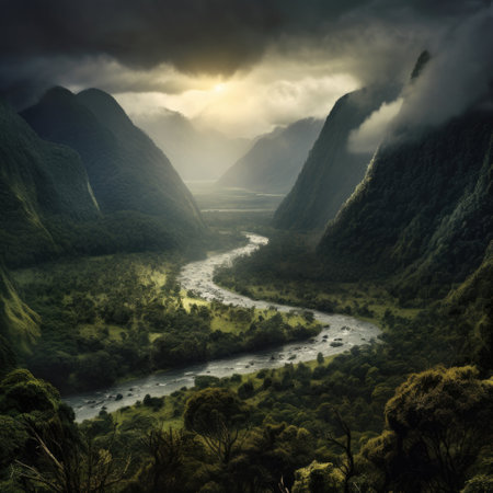 Sunset over the river in the mountains of South Island, New Zealandの素材