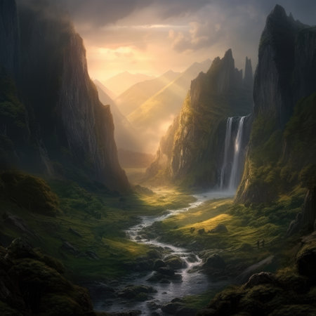 Fantasy landscape with a waterfall in the middle of the valley.の素材