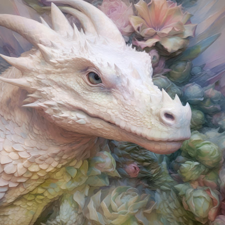 Digital painting of a dragon surrounded by succulents in a botanical gardenの素材