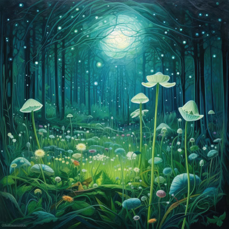 Magic forest with magic mushrooms and full moon. Fairytale landscape.の素材