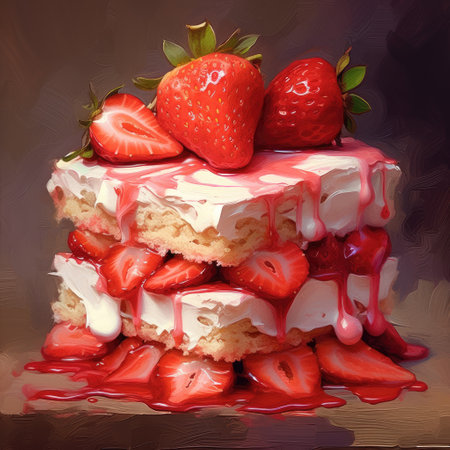Cake with strawberries and cream on a dark background. Digital painting.の素材
