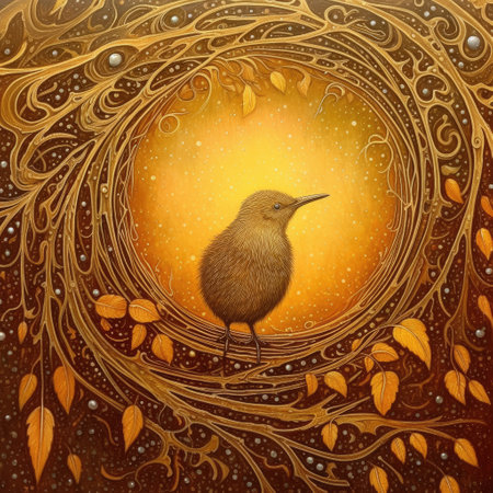 Kiwi bird in a wreath of autumn leaves on an orange backgroundの素材