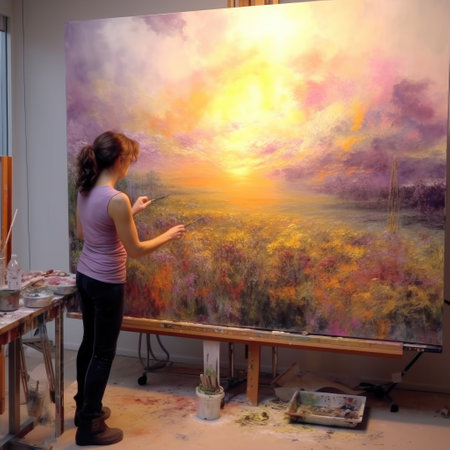 painting in the artist's studio in the light of the setting sunの素材