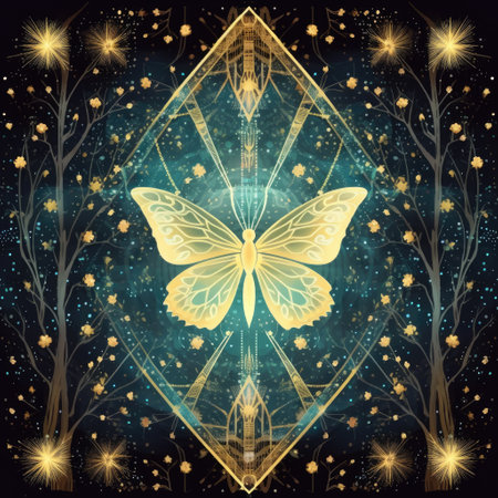 Mystical geometry background with butterfly. Mystical geometry illustration.の素材