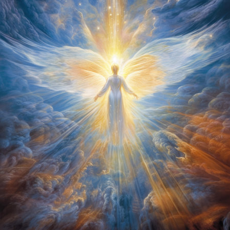 Angel in the sky with rays of light and clouds. 3D renderingの素材