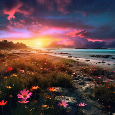 Beautiful seascape with pink flowers at sunset. Collage.の素材