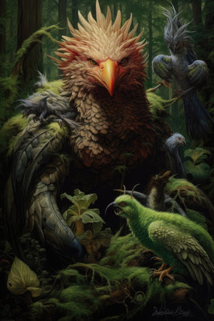 3d illustration of an eagle in the forest with two owlsの素材