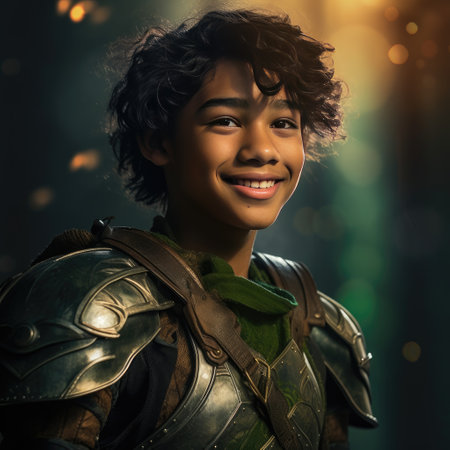 Portrait of a smiling female knight in armor on a dark backgroundの素材