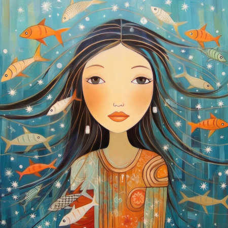 Illustration of a beautiful mermaid in the sea with fishes.の素材