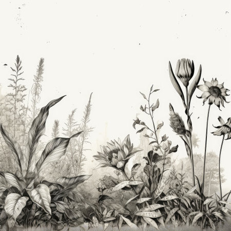 Vintage background with grass and flowers. Hand-drawn illustration.の素材