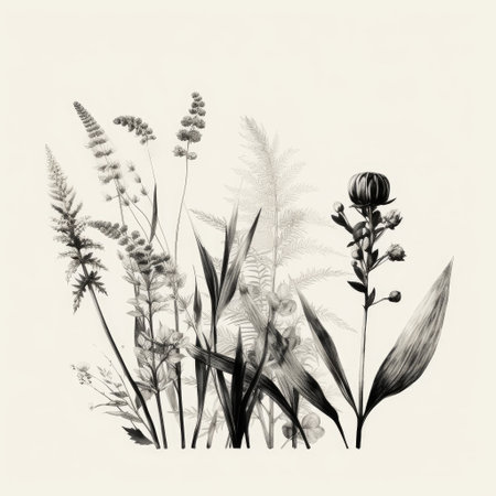 Hand drawn grasses and flowers. Black and white vector illustration.の素材